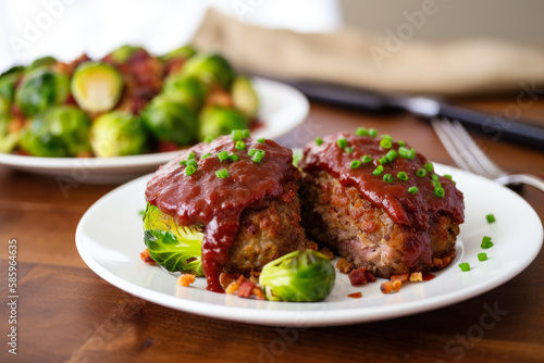 Individual mini meatloaves with a crispy bacon topping, served with a side of crispy Brussels sprouts, generative ai