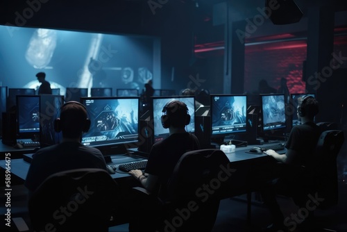 World Cup.Cybersport team involved in online tournament in gaming club . Team of professional cybersport gamers in gaming tournament Generative AI