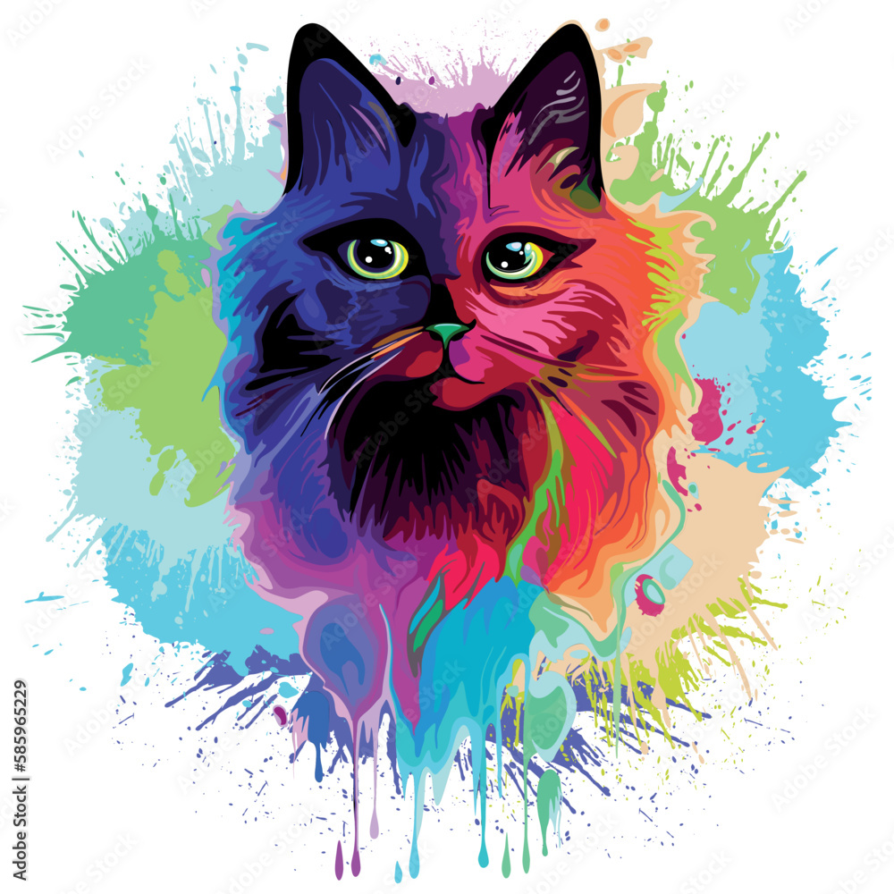 Cat Trippy Psychedelic Pop Art Design on Paint Splatters Background Vector Illustration isolated on white.
