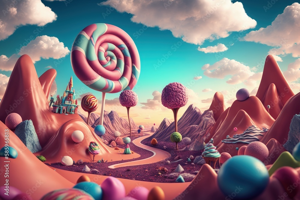 Fantasy candy land, landscape with giant sweets, candy world background