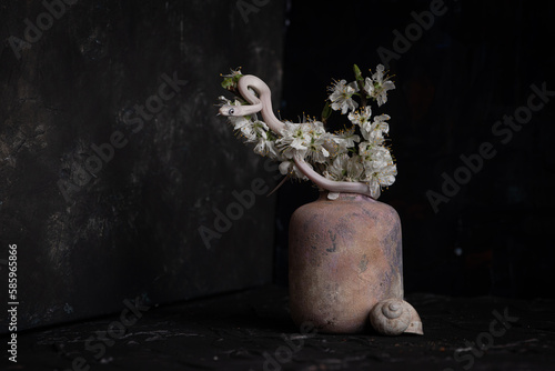 still life with flowers, plants, isolated, pattern, snake, still life, interior, modern, decor, beautiful, poster, organic, art, set, nature, abstraction, banner, painting, illustration, color, design