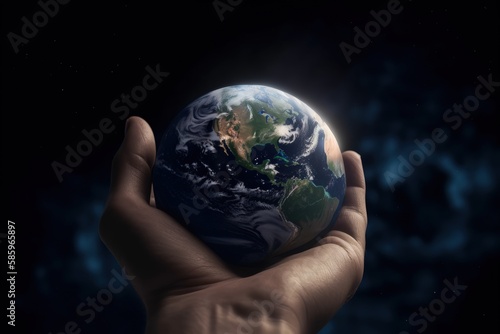 Hand holding planet earth, earth day concept, environment preservation concept, Generative AI