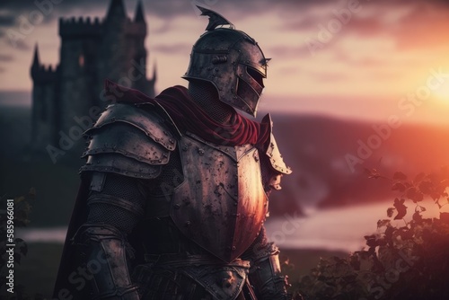 Medieval knight with armor and castle in the background, Medieval landscape with knight and castle at sunset, Generative AI
