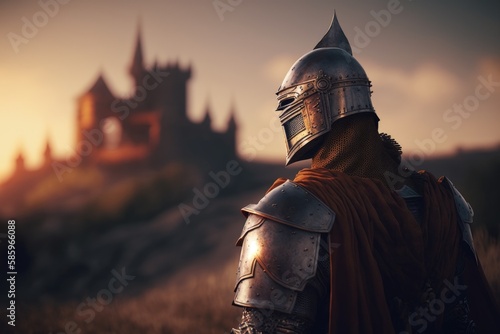 Medieval knight with armor and castle in the background, Medieval landscape with knight and castle at sunset, Generative AI