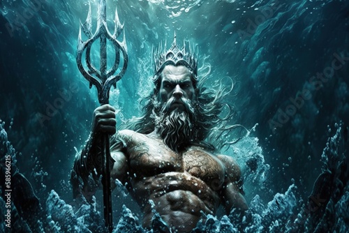 Poseidon with his trident in the sea, Poseidon in the water with his scepter, Generative AI