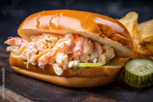 Golden and Crispy Lobster Roll with a Side of Pickles, generative ai