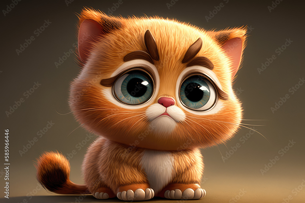 Cute baby kitten 3d character. Cartoon cat with big eyes. 3d render illustration. Generative AI art. Cartoon little kitten isolated on flat studio background.
