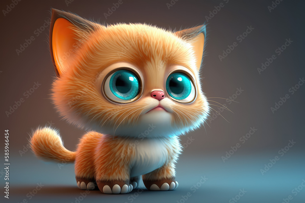 Cute baby kitten 3d character with fluffy tail. Cartoon cat with big eyes. 3d render illustration. Generative AI art. Cartoon little kitten isolated on flat studio background.
