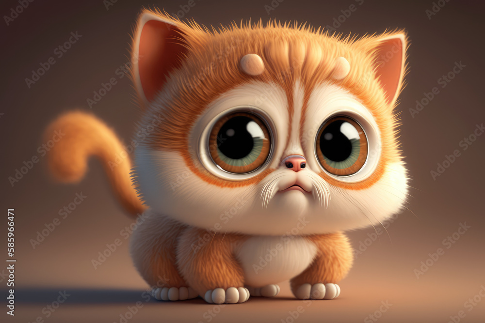 Cute baby kitten 3d character. Cartoon cat with big brown eyes. 3d render illustration. Generative AI art. Cartoon little kitten isolated on flat studio background.
