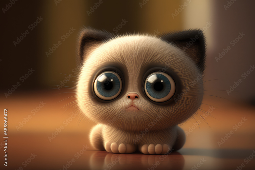 Cute small baby kitten 3d character. Cartoon cat with big eyes. 3d render illustration. Generative AI art. Cartoon little kitten isolated on flat studio background.
