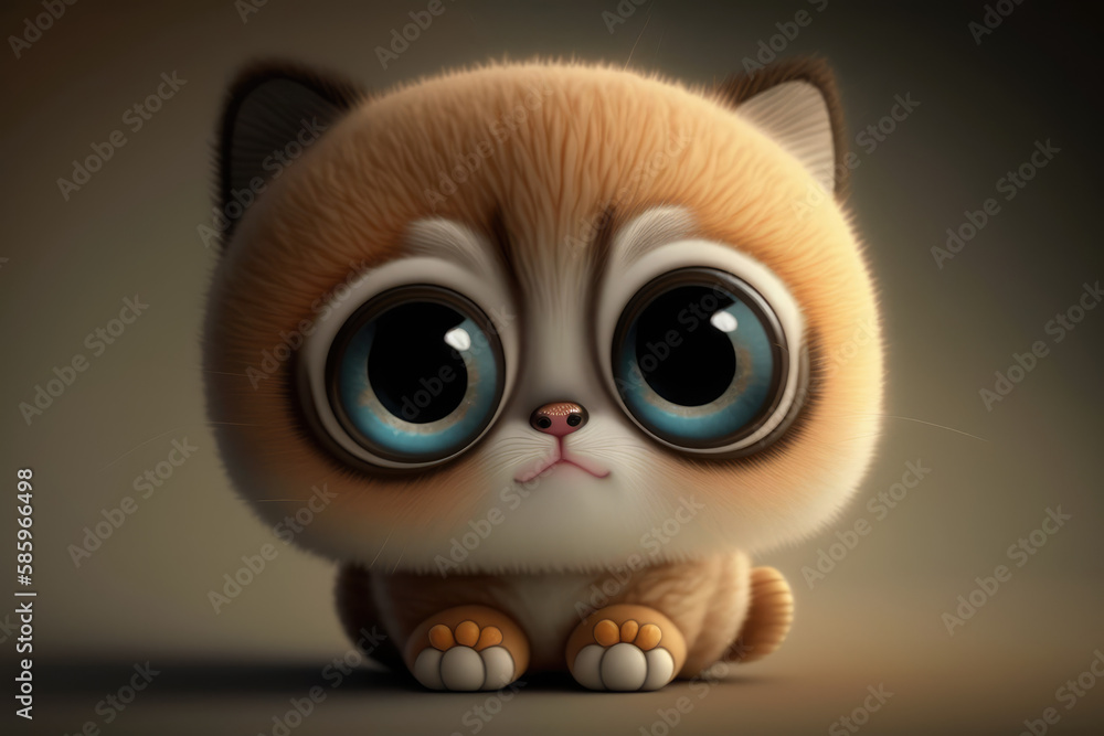 Cute kawaii baby kitten 3d character. Cartoon cat with big eyes. 3d render illustration. Generative AI art. Cartoon little kitten isolated on flat studio background.
