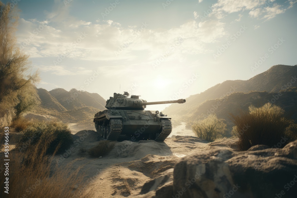 Battle tank in an arid region with little vegetation, Generative AI