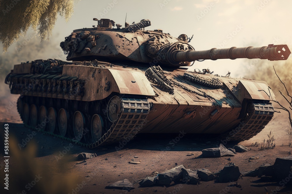 Battle tank in an arid region with little vegetation, Generative AI Battle tank in an arid region with little vegetation, Generative AI