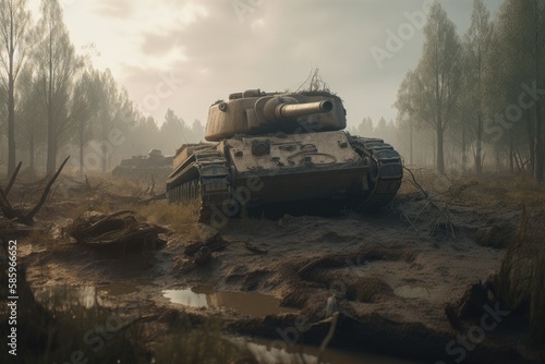 Battle tank in an arid region with little vegetation, Generative AI