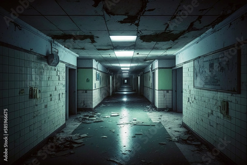 Creepy corridor in abandoned hospital, scary underground passage in old building Fototapeta