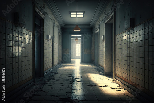 Fototapet Creepy corridor in abandoned hospital, scary dark passage in old building, gener