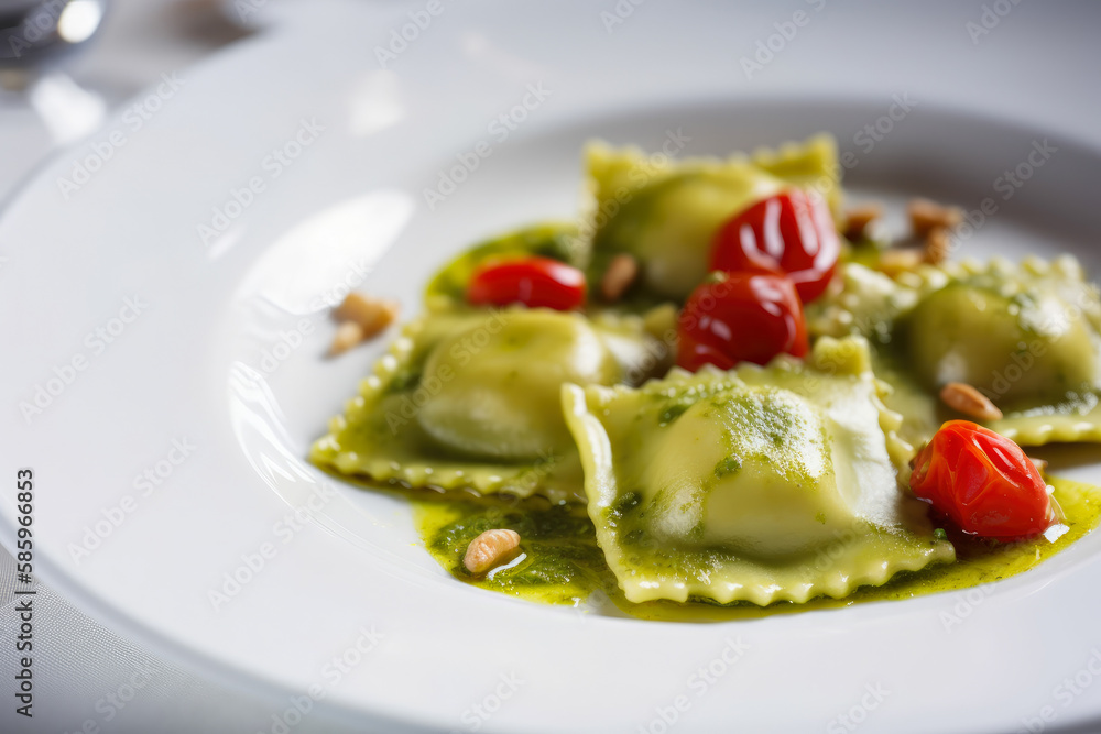 Fresh Ravioli with a Pesto Sauce and Cherry Tomatoes, Sprinkled with Pine Nuts, generative ai Fresh Ravioli with a Pesto Sauce and Cherry Tomatoes, Sprinkled with Pine Nuts, generative ai