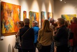 Group of people attend an art gallery with paintings. Ai generated.