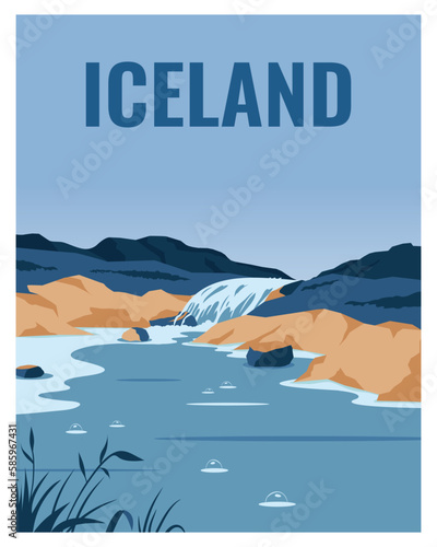 travel poster landscape of Iceland with mountains and waterfall. vector illustration with colored style.
