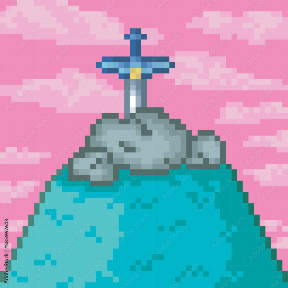 Legendary sword stuck in a rock, pixel art Stock Vector | Adobe Stock
