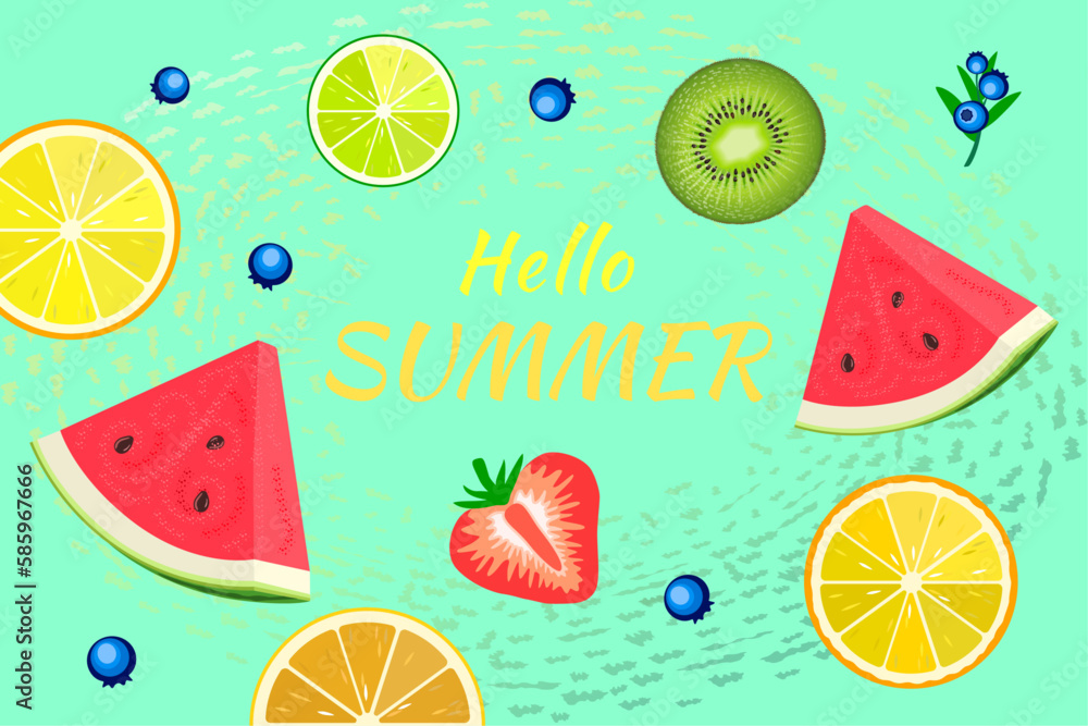 Colorful fruit on light green background with stylish text Hello Summer. Green Festive background with colorful citrus, kiwi and watermelon. Summer Time background for banner or poster design Colorful fruit on light green background with stylish text Hello Summer. Green Festive background with colorful citrus, kiwi and watermelon. Summer Time background for banner or poster design
