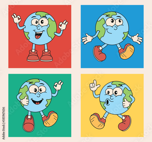 Colorful stickers of planet earth in groovy retro comic style. Vintage template for graphic prints on t-shirts in vibrant colors. Ecological environment concept.