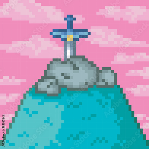 Legendary sword stuck in a rock, pixel art