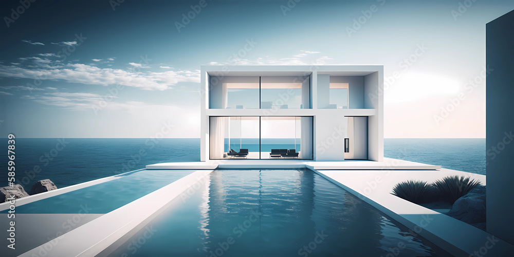 Fototapeta premium Luxury residential minimalist villa with pool and ocean on horizon. Generative AI illustration.