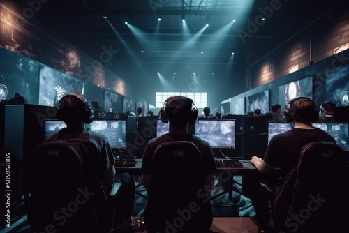 World Cup.Cybersport team involved in online tournament in gaming club . Team of professional cybersport gamers in gaming tournament Generative AI © ChaoticMind