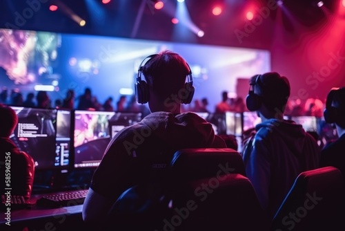 World Cup.Cybersport team involved in online tournament in gaming club . Team of professional cybersport gamers in gaming tournament Generative AI © ChaoticMind