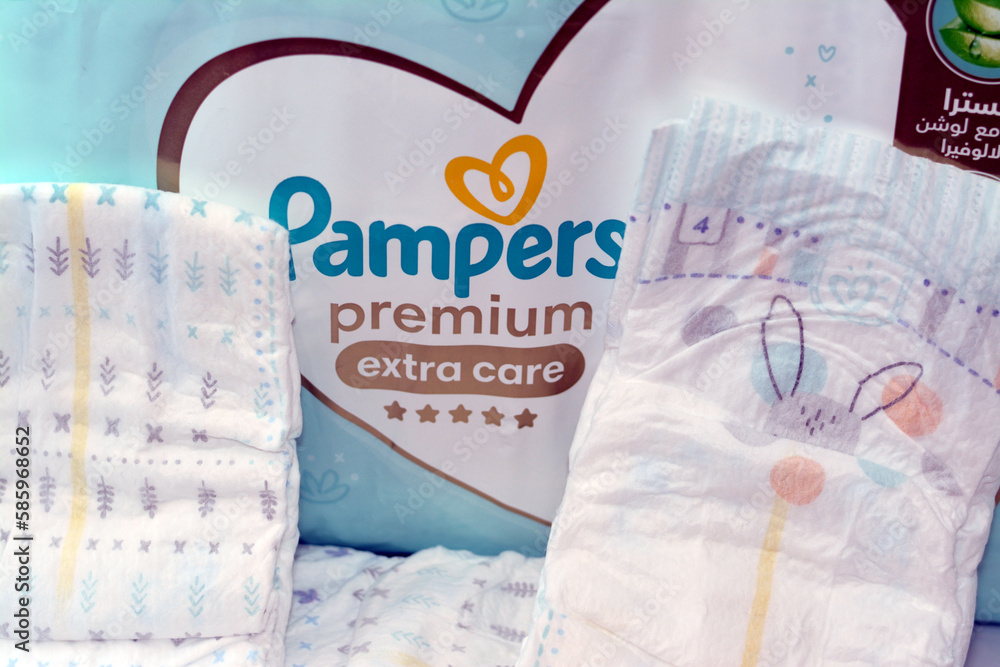 Cairo, Egypt, March 15 2023 Pampers premium extra care diapers with