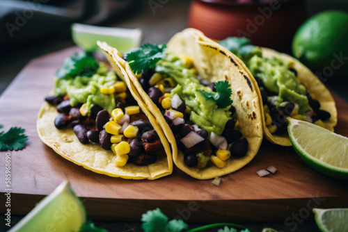 Delicious vegetarian tacos with grilled corn, black beans, and guacamole, garnished with fresh cilantro, generative ai