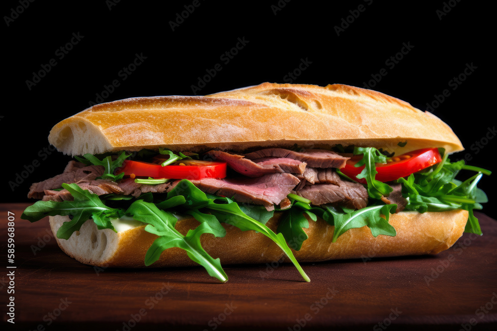 Delicious roast beef sandwich with arugula and roasted red peppers on ciabatta bread, generative ai