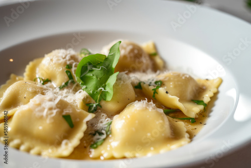 Delicious Ravioli dish served in a white plate with steam rising above, garnished with fresh basil leaves and grated parmesan cheese, generative ai