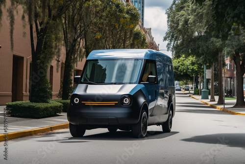 Electric Van Delivering on road. Driver of Electric cargo van delivers the parcel to the customer. Modern Delivery truck. Electric delivery van in New York City. Ai Generative illustration.