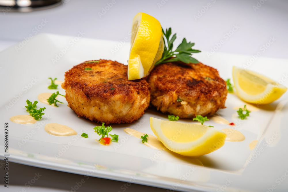 Delicious crab cakes with crispy golden crust served on a white plate with lemon wedges and green herbs garnish, generative ai Delicious crab cakes with crispy golden crust served on a white plate with lemon wedges and green herbs garnish, generative ai