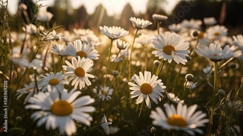 Daisies flowers in the meadow in a sunny day Generative AI