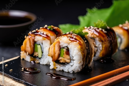Delicious chicken teriyaki sushi rolls with savory, tender meat and sticky rice, topped with sesame seeds and wrapped in seaweed, generative ai