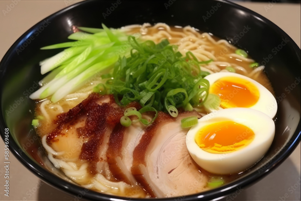 Delicious bowl of spicy tonkotsu ramen garnished with green onions, slices of tender pork, and a perfectly boiled egg, generative ai Delicious bowl of spicy tonkotsu ramen garnished with green onions, slices of tender pork, and a perfectly boiled egg, generative ai