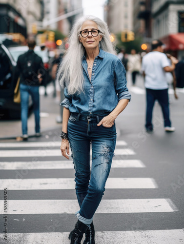 Stylish senior woman standing on street in urban city wearing glasses and a hat. Generative AI.