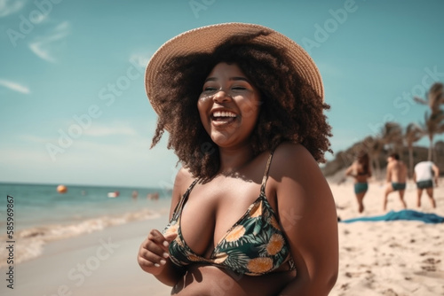 Portrait of curvy black woman laughing outdoors on the beach wearing a swimsuit.  Generative AI. photo