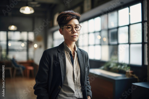 Portrait of young transgender transfeminine businesswoman  standing in business office. 