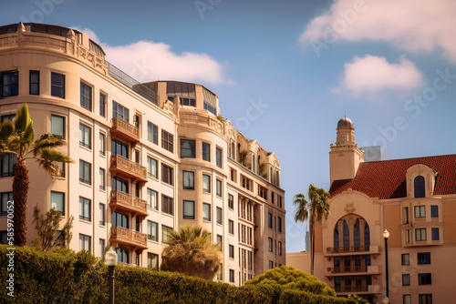Hotel buildind at Mediterranean coast. Maybourne Beverly Hills, hotel buildings, New York hotels on sunset. Modern apartment buildings, Facade exterior design. Ai generative illustration.