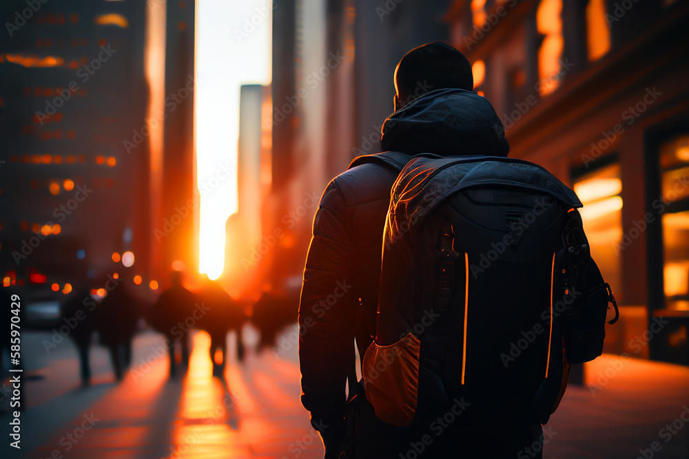 Traveler in New York, back view. Urban sunset, male traveler with backpack in city buildings. New york city streets on sunset. Walking Travel trip in NYC. Man Traveler in New York City. AI Generate