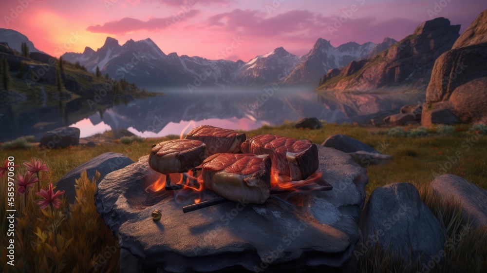 Mountain Getaway: Sizzling Steaks on a Hot Stone by the Pristine Lake, AI-Generated

