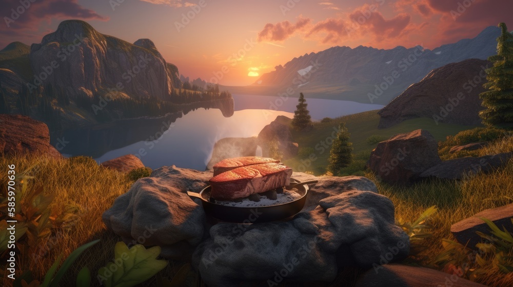Scenic Serenity: Grilled Steaks, Campfire and Majestic Mountain View, AI-Generated
