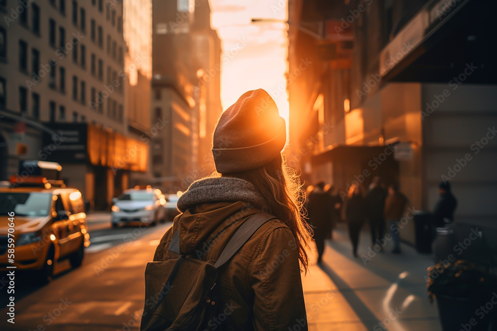 Traveler in New York, back view. Urban sunset, Girl traveler with backpack in city buildings. New york city streets on sunset. Walking Travel trip in NYC. Girl Traveler in New York City. AI Generate Traveler in New York, back view. Urban sunset, Girl traveler with backpack in city buildings. New york city streets on sunset. Walking Travel trip in NYC. Girl Traveler in New York City. AI Generate