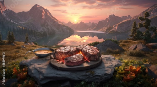 Alpine Dining: Sizzling Steaks and Mountain View by the Campfire, AI Generative 