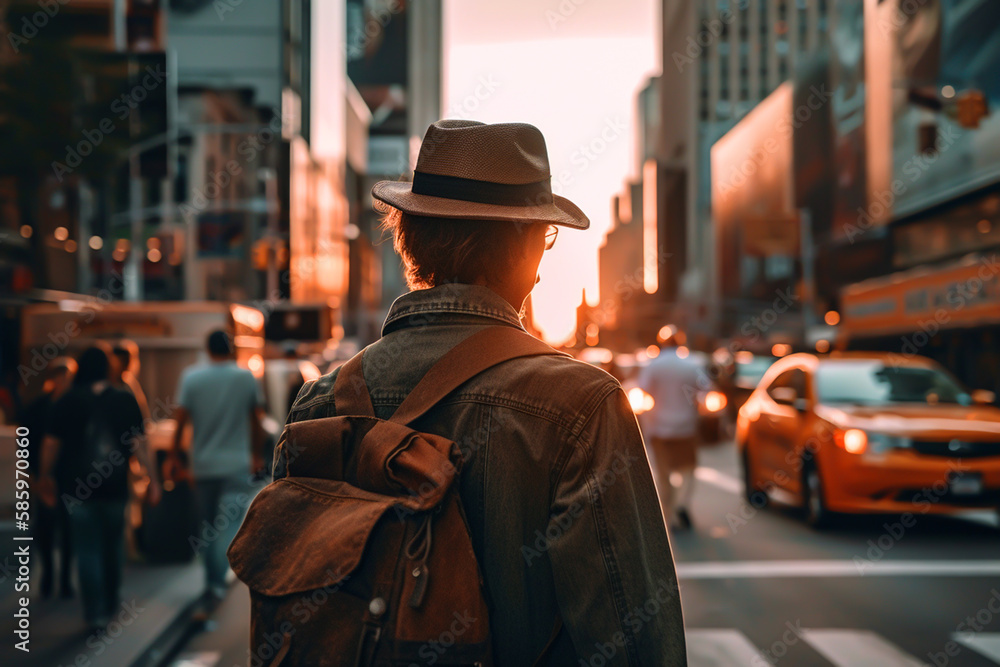 Traveler in New York, back view. Urban sunset, male traveler with backpack in city buildings. New york city streets on sunset. Walking Travel trip in NYC. Man Traveler in New York City. AI Generate Traveler in New York, back view. Urban sunset, male traveler with backpack in city buildings. New york city streets on sunset. Walking Travel trip in NYC. Man Traveler in New York City. AI Generate