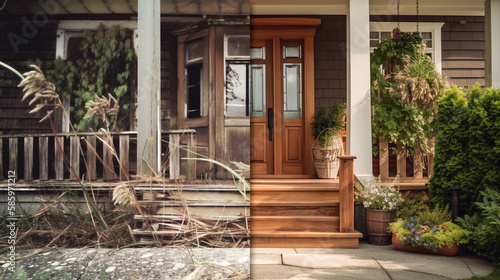 Large House Deck and Entry Before And After Cleanup and Construction - Generative AI. © Andy Dean